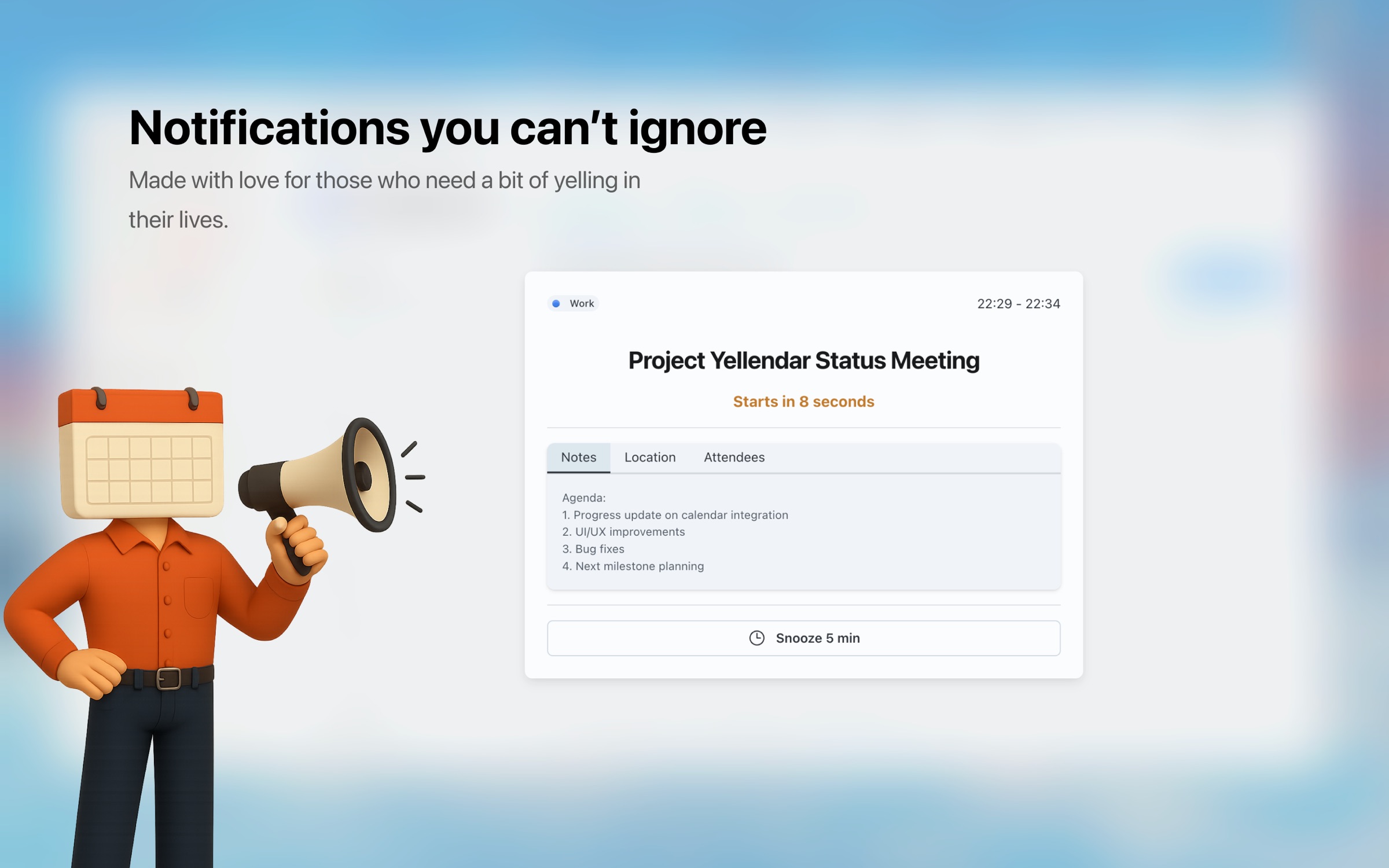 A full-screen Yellendar notification showing meeting details and a snooze button